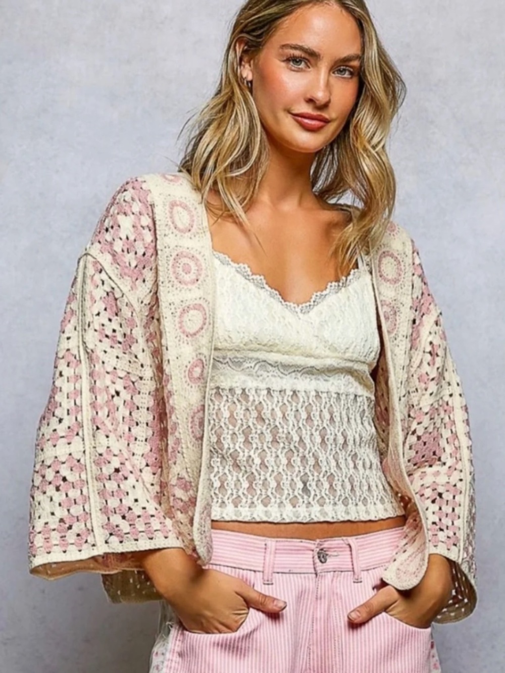 POL Pink Crochet Cardigan Boho Granny Square Kimono Oversized OS Festival